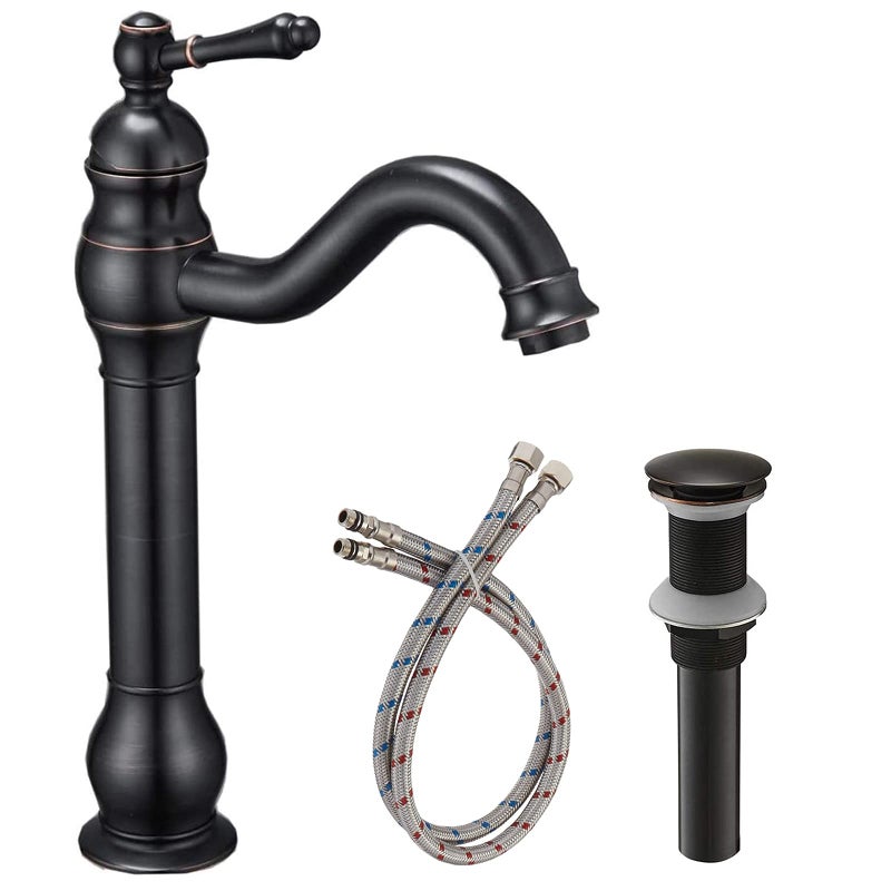 BATHLAVISH Vessel Sink Faucet Oil Rubbed Bronze Single Handle 1 Hole Bathroom Faucet 360Â° Swivel Deck Mount Lavatory Commercial Matching Pop Up Drain Without Overflow - Image 1
